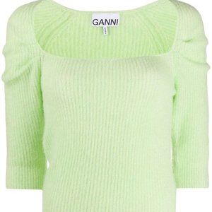 Ganni Gathered brushed ribbed-knit sweater in mint green, size Small